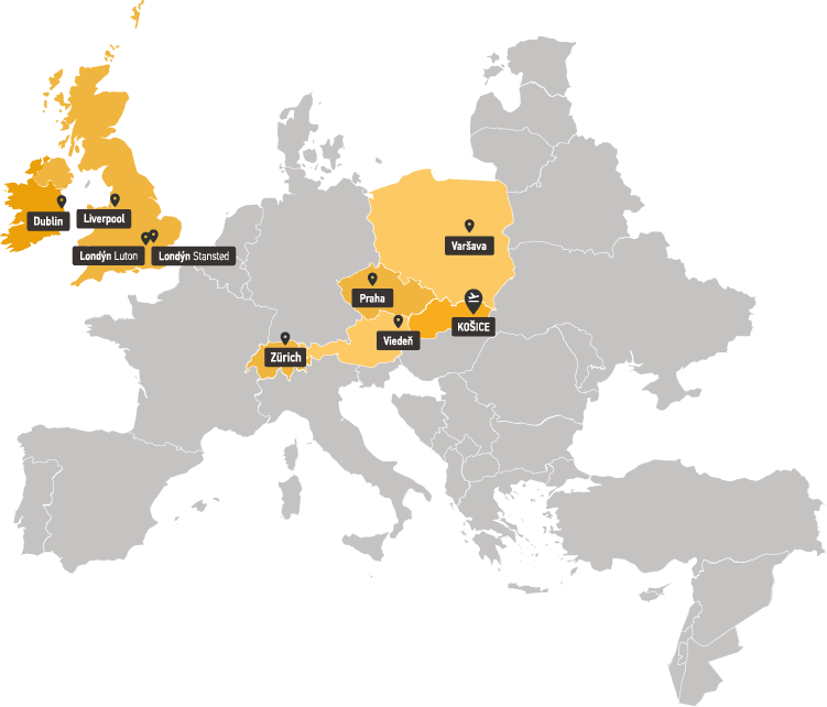 Mapa destinácií letecky z Košíc