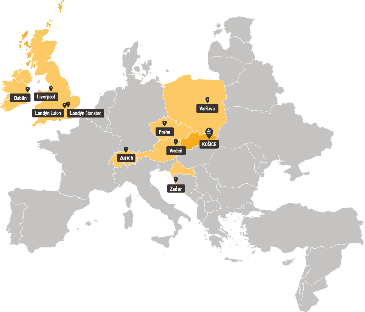 Mapa destinácií z Košíc